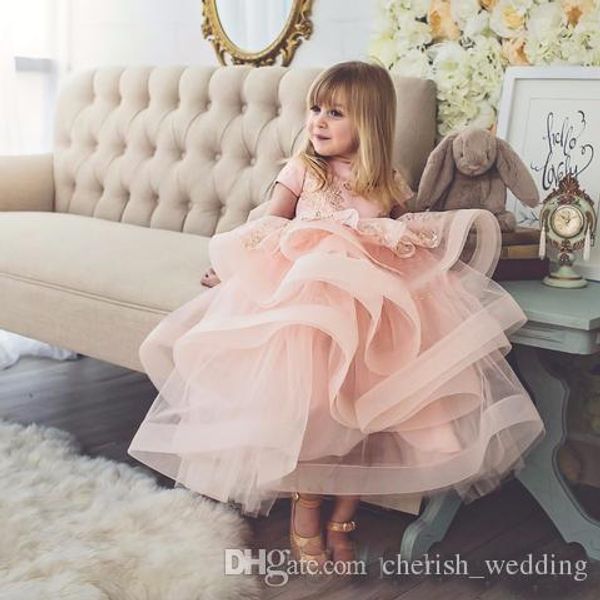 Cute Tiered Tulle Graduation Gown Children Short Sleeves Appliqued