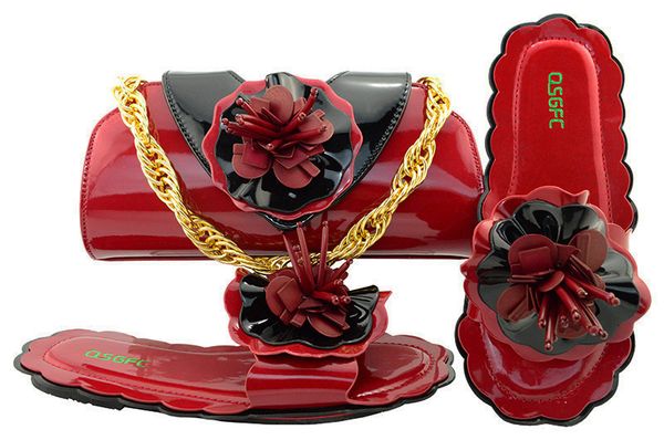 

Most popular wine color low heel 0.5CM sandals with flower decoration african shoes match handbag set for dress MM1053