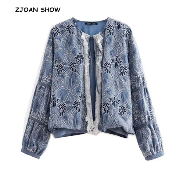 

harajuku spliced lace tassel embroidery flower denim jacket vintage women vintage bomber pilots coat outerwear femme blue, Black;brown
