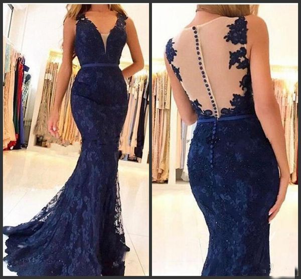

2018 new elegant dark navy lace mermaid prom dresses sleeveless beaded appliques vestido de festa long evening pageant party gowns, Black;red