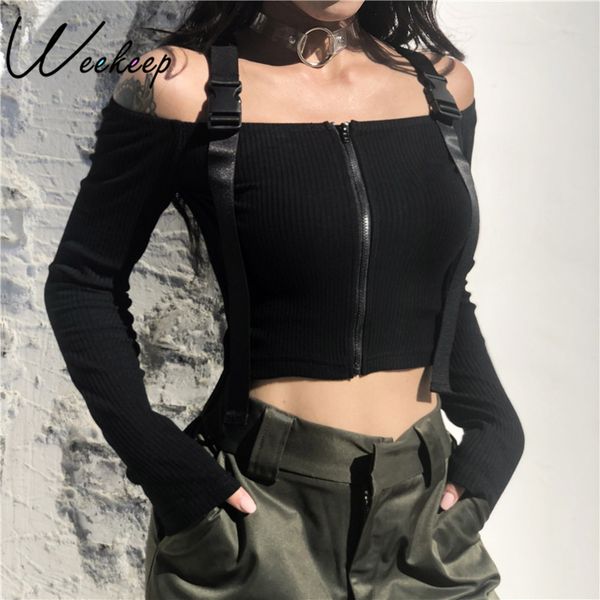

weekeep black slash neck cropped t shirt adjustable strap long sleeve t shirt 2018 fashion streetwear front zipper crop top, White