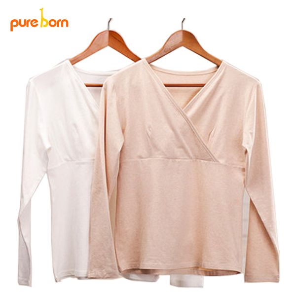 

pureborn v neck t-shirt clothes for pregnant women clothing for breast feeding organic cotton maternity nursing base shirt 2017, White