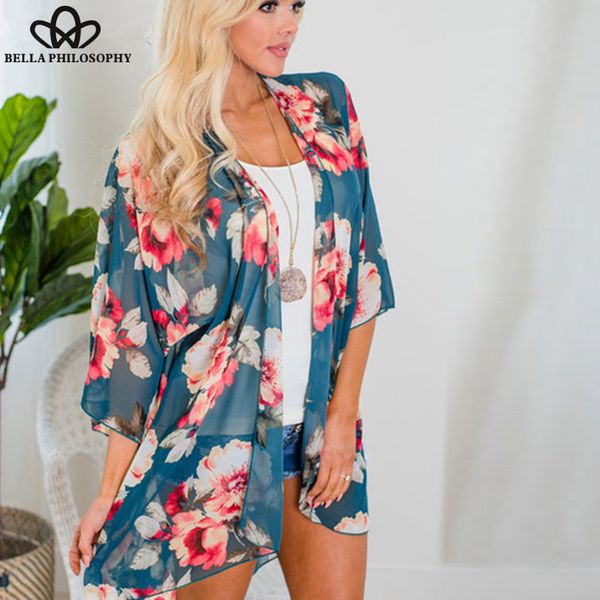 

wonder 2018 новый летний женщины повседневная шифон цветочный принт blusas половина рукава пляж бикини обложка блузка свободные кимоно рубаш, White