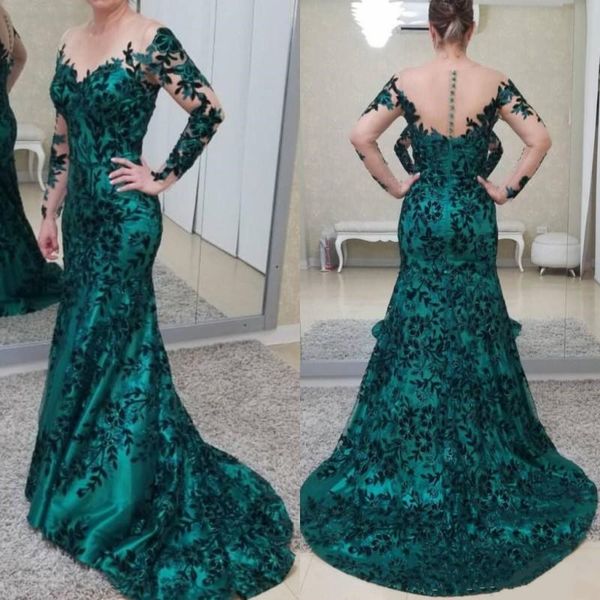 

2018 dark green sheer jewel neck mother of bride groom dresses long sleeves illusion backless with buttons long formal evening party gowns, Black;red