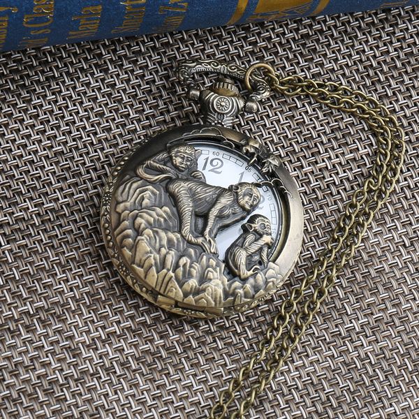 

tiedan 2018 hollow monkey steampunk bronze quartz antique pocket watch for gift with necklace retro fob watches, Slivery;golden