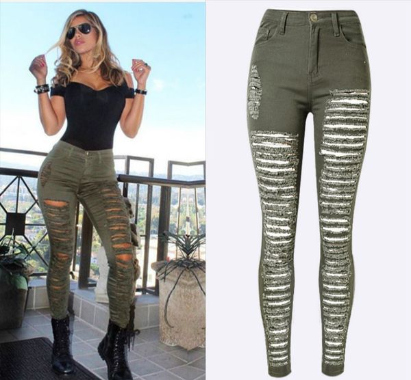 

high waist fashion ripped jeans women 2017 army green vintage washed pleated skinny jeans femme scratched push up pencil pants, Blue