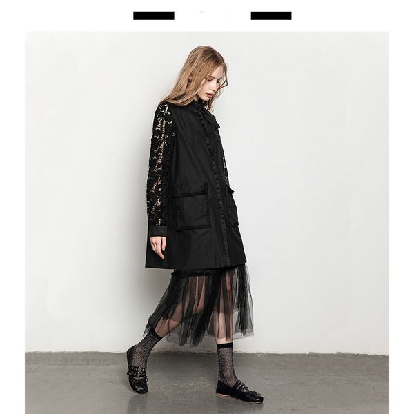 

2018 spring and autumn new coat europe and the united states wind loose straight lace stitching womens trench, Tan;black