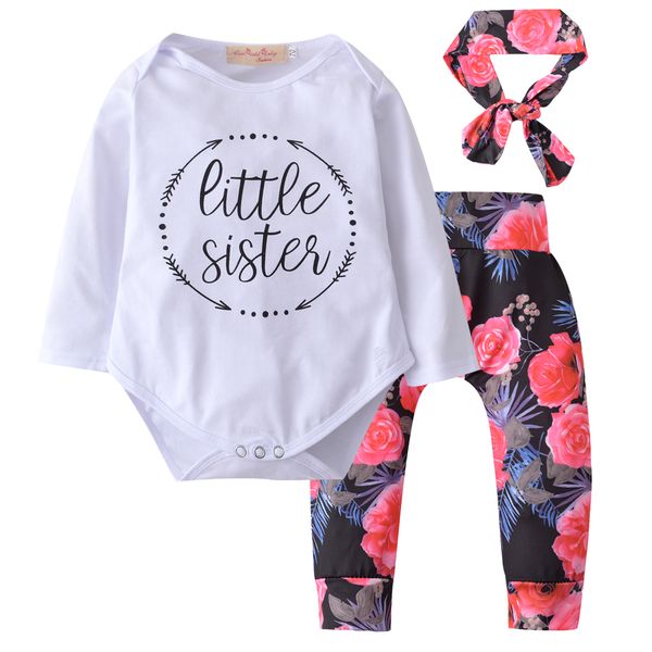 

2018 newborn baby girls clothing toddler baby girl body suit romper+flower pants +bow headband 3pcs clothes outfits set, White