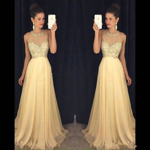 

2018 Cheap Light Yellow Chiffon Jewel Neck A Line Prom Dresses Sleeveless Crystal Beaded Sexy Open Back Evening Dresses Party Wear Custom, Black
