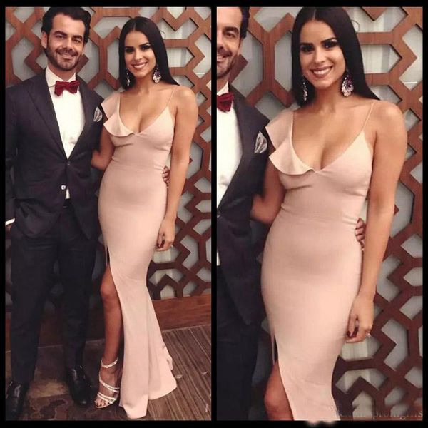 

Sexy Spaghetti Strap Mermaid Evening Dresses V Neck Front Side Slit Prom Gowns Vestidos Festa Sweep Train Satin Formal Dress
