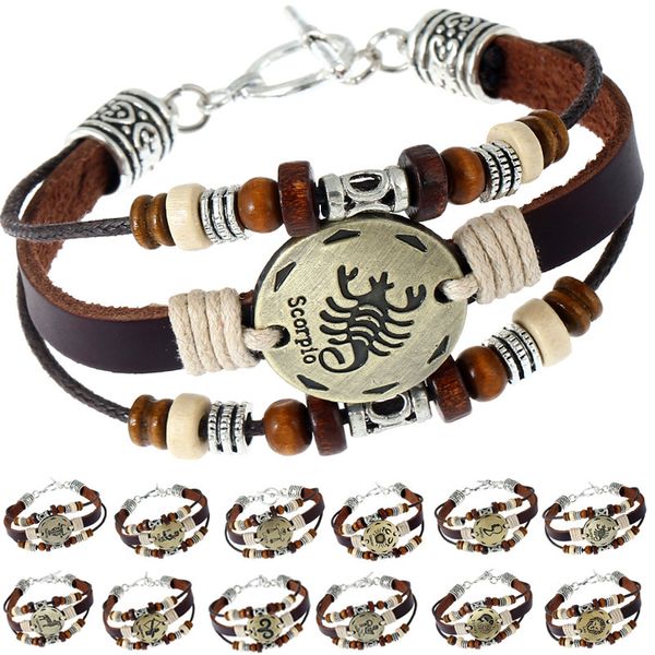 

chaomo ручной работы новый бисером двенадцать созвездие кожаный браслет подарок на день рождения мужчины и женщины перевалки ювелирных издел, Black