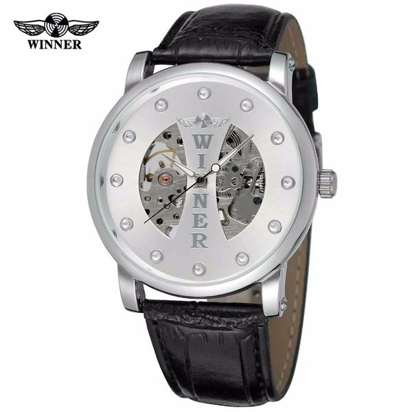 

winner classic dress mechanical watch men leather strap skeleton dial fashion casual mens watches relogio 2018, Slivery;brown