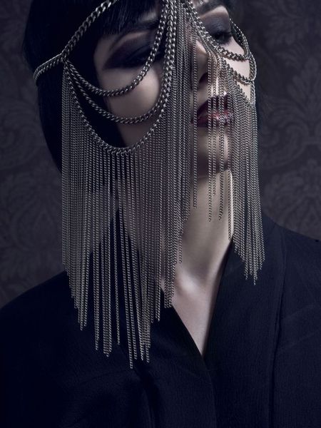 

gold women headwear multi layer tassel head chain headdress headband chainmail face mask body accessories costumes, Silver