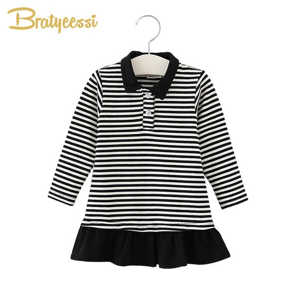 

new 2018 striped baby dress long sleeve cotton casual baby girl dress ruffles a-line infant dresses girl clothes 2 colors, Red;yellow