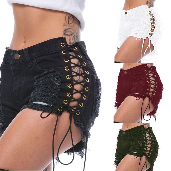 

summer women denim shorts ripped short jeans femme tassel lace up bandage shredded denim shorts side eyelet straps jeans, Blue