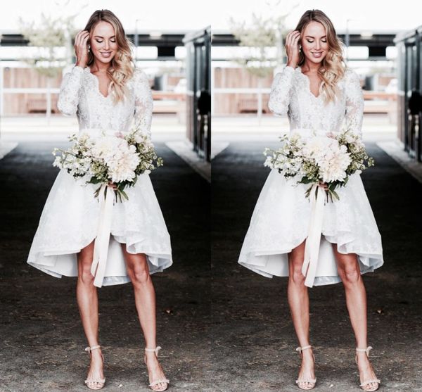 

2018 country beach bohemian a line wedding dresses v neck long sleeves hi-lo lace applique wedding dress bridal gowns vestido de casamento, White