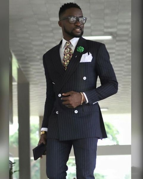 

brand new navy blue stripe men wedding tuxedos fashion groom tuxedos peak lapel double-breasted men blazer 2 piece suit(jacket+pants+tie)267, Black;gray