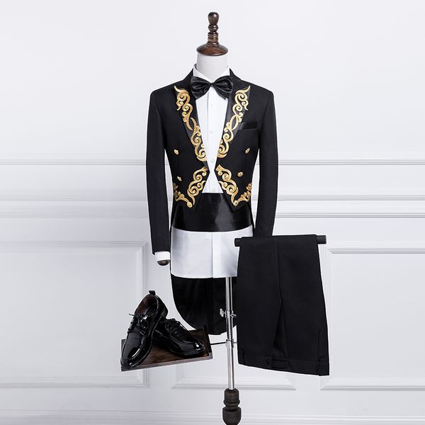 

high quality men long jacket coat punk retro tuxedo wedding jacket coat autumn fashion solid club windbreaker(jacket+pants+tie, White;black