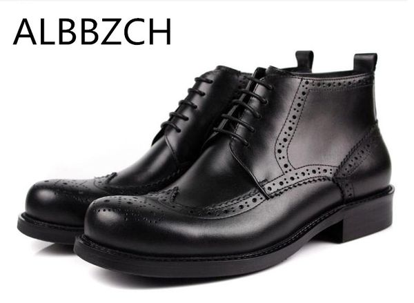

genuine cow leather men boots round toe lace up fashion carving design mens work boots oxford shoes man ankle, Black