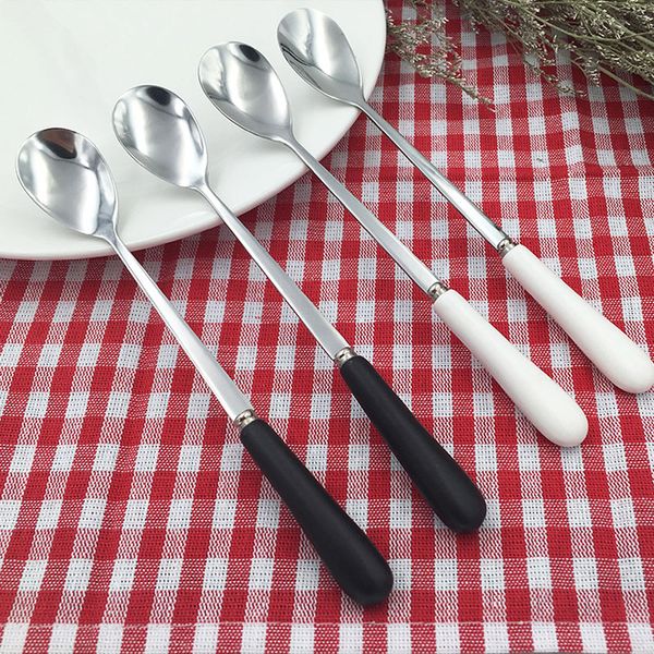 

100pcs/lot ceramic handle spoon stainless steel dessert coffee spoons ice cream teaspoon