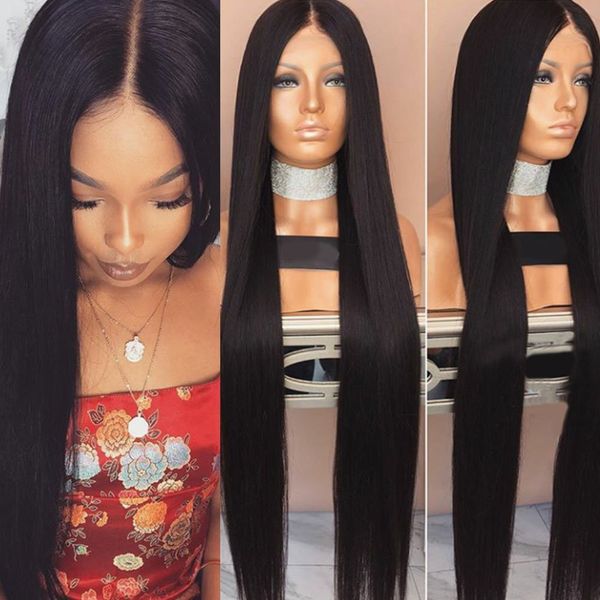 

long straight 360 lace frontal wigs pre plucked 130% to 180% density human hair peruvian virgin hair wigs with natural baby hair, Black