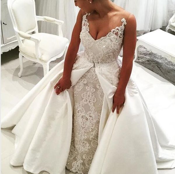 

vestidos de novia 2018 new mermaid wedding dresses with detachable train spaghetti straps lace applique wedding dresses bridal gowns, White