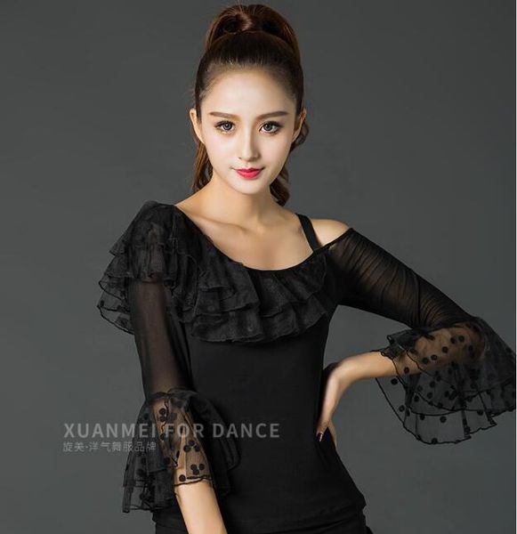 

latin dance for women/black lace shirt latin salsa standard ballroom dance stage ye0105, Black;red