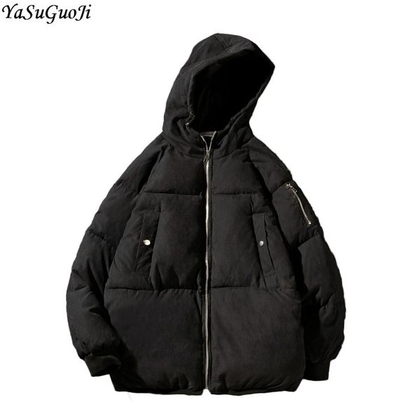 

yasuguoji fashiin thick cotton padded short jacket men loose hooded warm winter jacket men plus size 5xl zipper parka mf18, Black