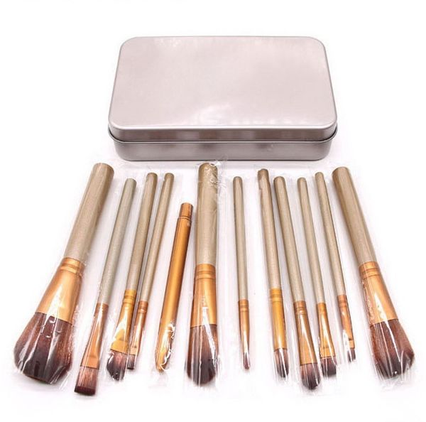 

12piece travel makeup brush set gold brown synthetic cosmetic face multi-function brush kit with iron box