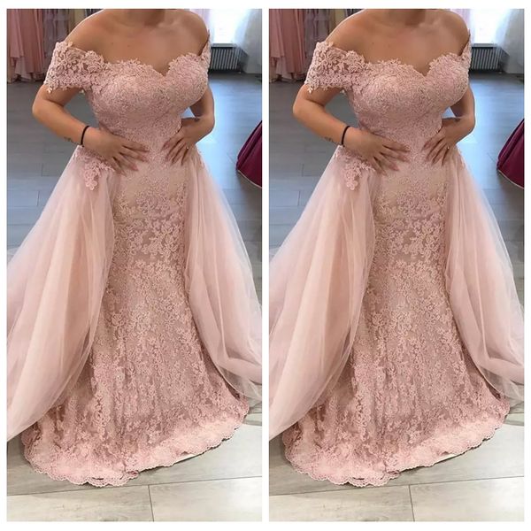 

off shoulder lace appliques mermaid prom dresses 2019 with detachable train formal lace evening party gowns custom, Black