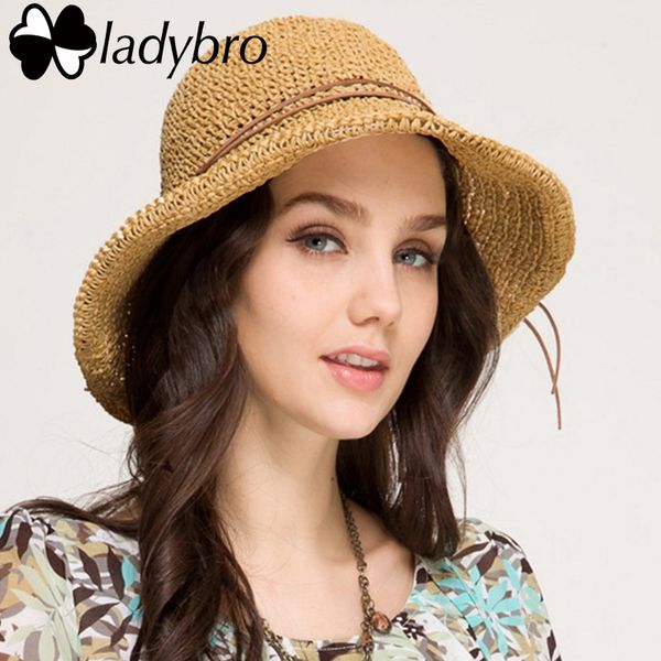 

ladybro brand ladies sun hat for women bowknot raffia straw hat foldable summer wide brim beach female chapeau femme, Blue;gray
