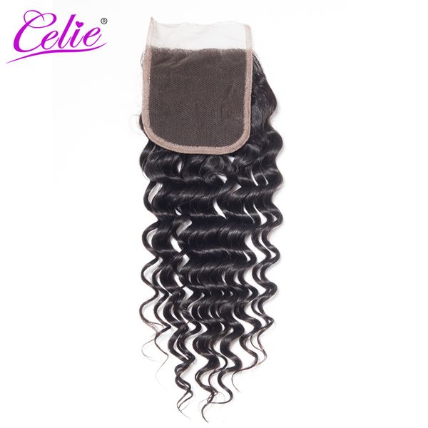 

celie hair brazilian deep wave with lace closure 4x4 swiss lace remy human hair closure part medium brown can be bleached, Black;brown