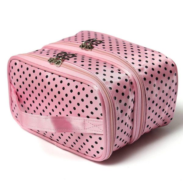 

wholesale- fahion double layer small dots cosmetic bag makeup tool storage bag multifunctional storage package