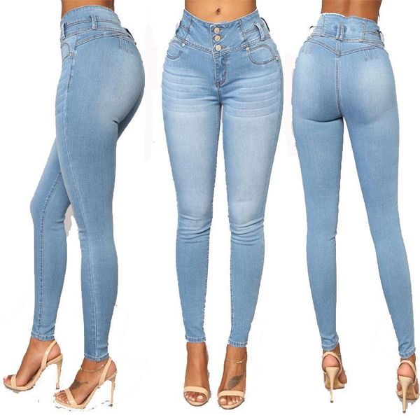 

long casual jeans women high waist skinny pencil blue denim pants bleached washed stretch stretchy elastic jeans women