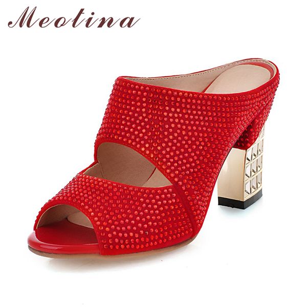

meotina promotion women shoes summer peep toe slides party evening chunky high heels slipper crystal silver ladies slides, Black