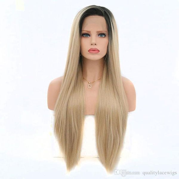 Hot 180 Density Dark Roots Ombre Mix Blonde Straight Synthetic Lace Front Wigs Glueless Heat Resistant Fiber Side Parting For Black Women Short Hair
