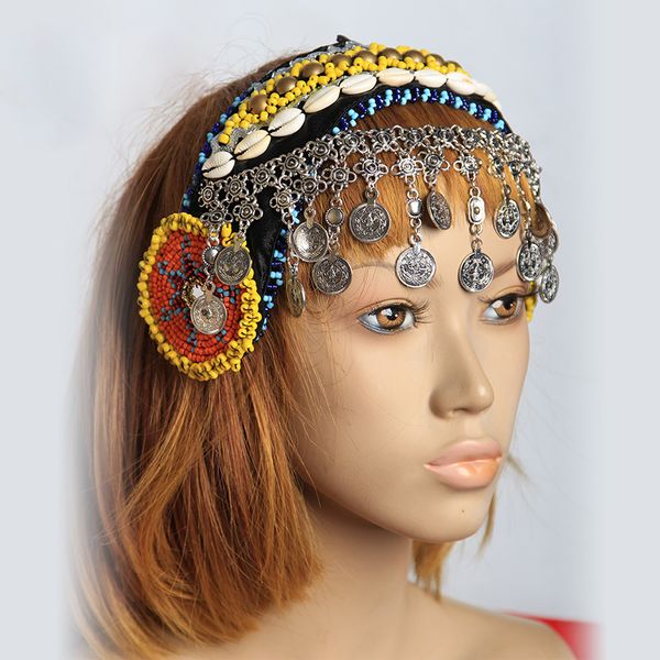 

new arrivals gypsy dance women headpiece metal head chains coins vintage jewelry tribal belly dance accessories, Black;red
