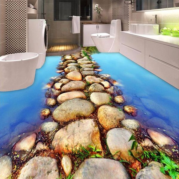 

custom 3d floor mural wallpaper river stone road bathroom floor painting pvc self-adhesive wallpaper waterproof papel de pared