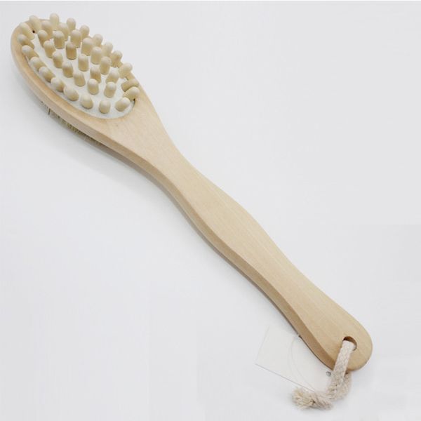 

35cm 2-in-1 sided natural bristles scrubber long handle wooden spa shower brush bath body massage brushes