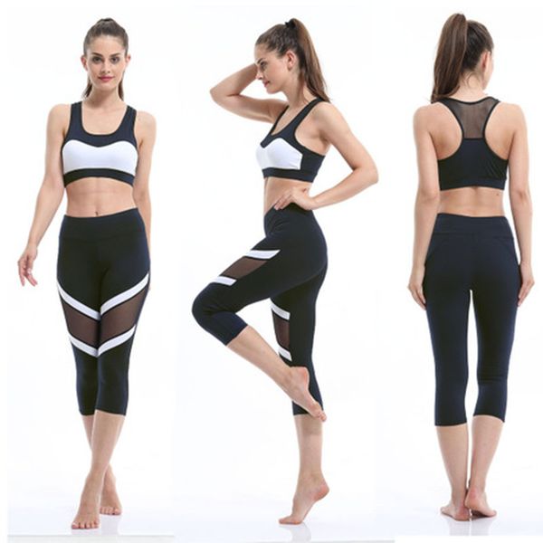 

women mesh sport leggings fitness yoga set bra pant elastic sport suit running tights gym yoga wear sprots clothing ys020, White;red