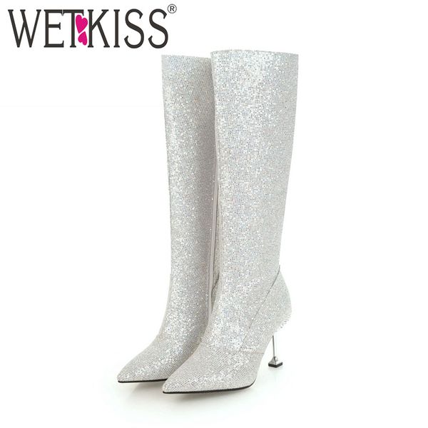 

wetkiss new knee high women winter boots crystal bling footwear pointed toe party lady shoes high heels female boots 2018 black