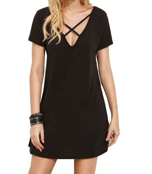 

Plus Size Big Summer Women Long T-shirts Front Cross Design V-neck Candy Color Casual Tops Short Sleeved Casual Tees