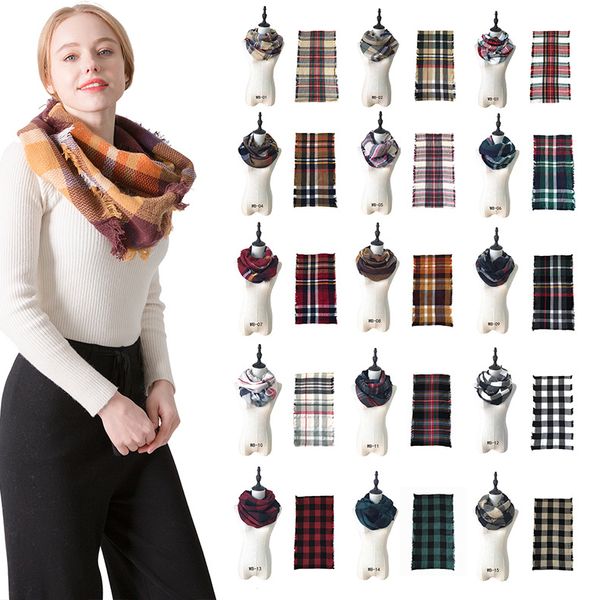 

87*50cm 17styles knit tartan plaid infinity scarf women loop bandana cashmere neck circle scarf grid snood scarves ffa991 100pcs, Blue;gray
