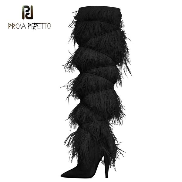 

prova perfetto blue white fringe women ankle strap boot pointed toe zipper over the knee boots high heel dress runway shoes, Black