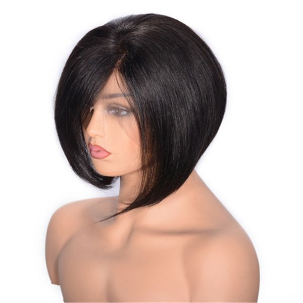 

peruvian straight full lace wig 130% density glueless lace front wig 8 inch short human hair wigs for women, Black;brown