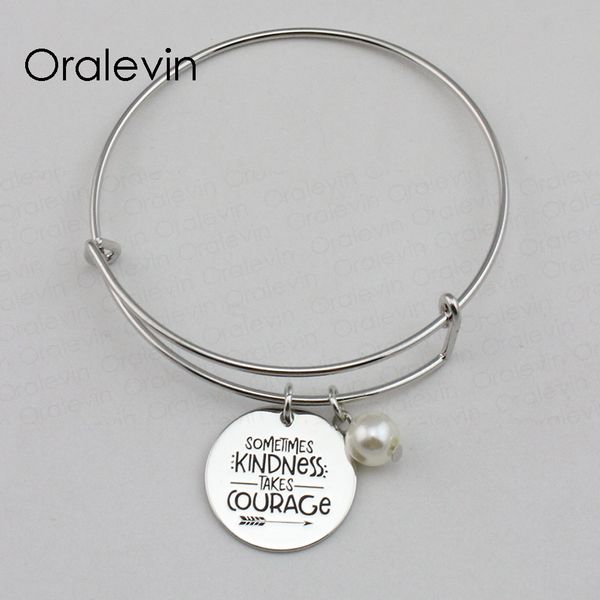 

sometimes kindness takes courage inspirational hand stamped engraved pendant expandable bracelet jewelry,10pcs/lot, #ln2258b, Black