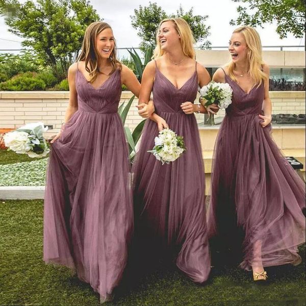 

2018 Cheap Sexy Straps Spaghetti Tulle Bridesmaid Dresses V Neck Pleats Plus Size Beach Garden Maid Of Honor Gowns Wedding Guest Dresses