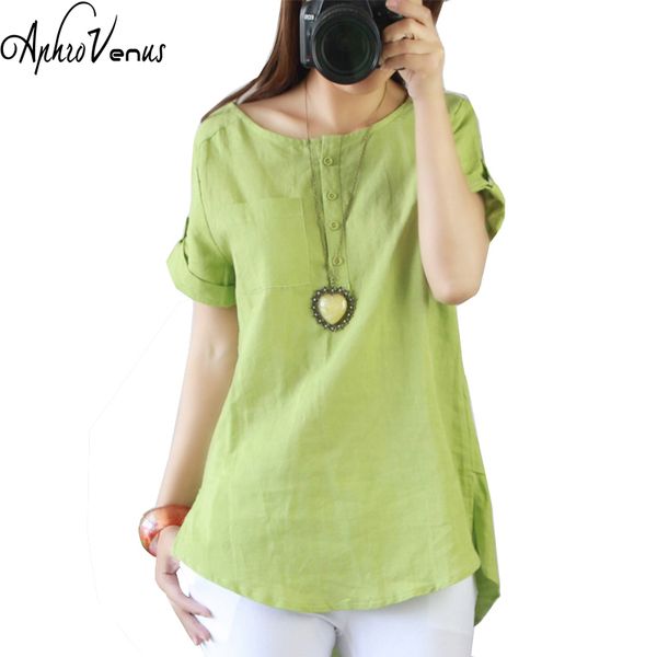

plus size women blouse loose short sleeve casual cotton linen summer shirts solid color o-neck blusas 2018 blusa feminina, White