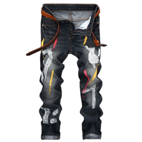 

new biker jeans men casual washed cotton fold skinny ripped jeans hip hop elasticity slim denim pants, Blue