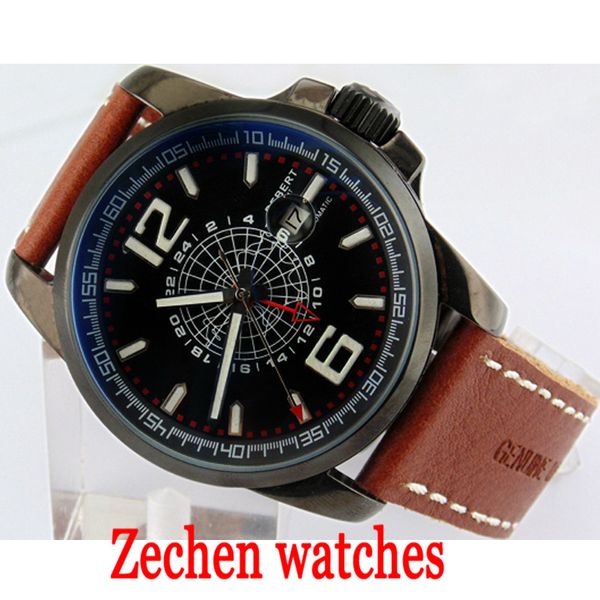 

debert 44mm stainless steel case brown strap gmt automatic mechanical watch men's calendar waterproof watch, Slivery;brown